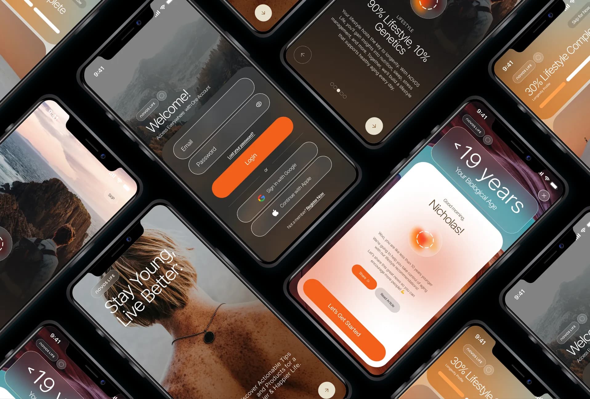 NOVOS app and website mockups on multiple devices